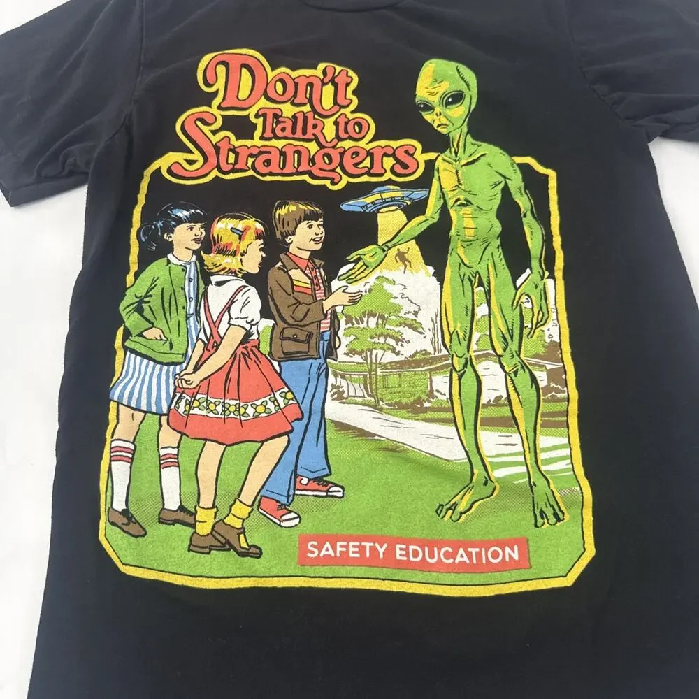 Steven Rhodes Don't Talk to Strangers T-Shirt Size Small Black Graphic Tee - Picture 3 of 9